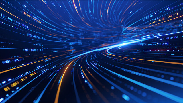 Streaming data, binary data moving on a digital tunnel - Digital Code road, ai, artificial intelligence concept - 3d illustration