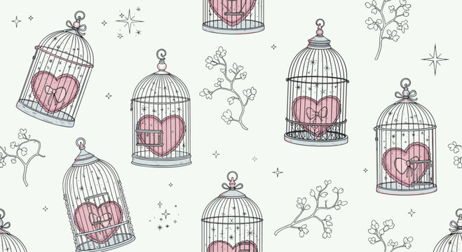 Dreamy seamless pattern features elegant birdcages containing soft pink hearts surrounded by delicate flowers and sparkling stars.