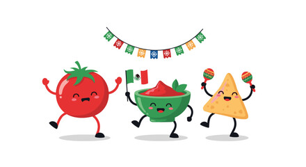 Fototapeta premium Joyful Mexican food characters including a tomato, a bowl of salsa, and a tortilla chip celebrating with a festive party banner.