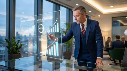 Fototapeta premium Focused Leader: A sharply dressed business leader analyzes projected financial data on a futuristic, transparent display. This scene embodies strategy, forward-thinking.