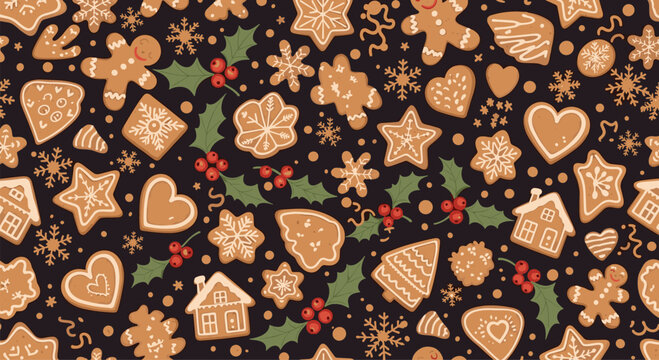 Festive Christmas seamless pattern with delicious gingerbread cookies, holly leaves, red berries, and white snowflakes on a black background.