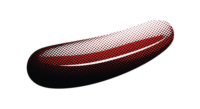 Detailed halftone illustration of a single red and black medicinal capsule pill shown at an angle on a clean white background.