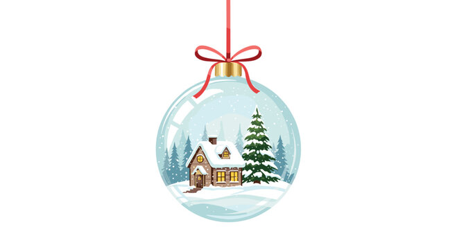 Beautiful glass Christmas bauble ornament containing a picturesque winter scene of a small cottage surrounded by snowy pine trees.