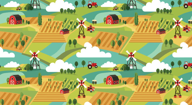Charming isometric farm landscape pattern featuring red barns, green fields, tractors, and windmills under a clear blue sky with clouds.