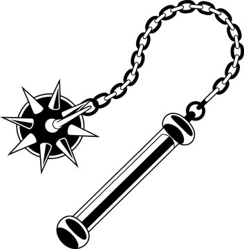 Medieval Flail Weapon with Spiked Ball and Chain Vector Illustration