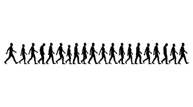 People walking in a line with animated motion sequence featuring animation, silhouette, black with white and movement elements for human, figures