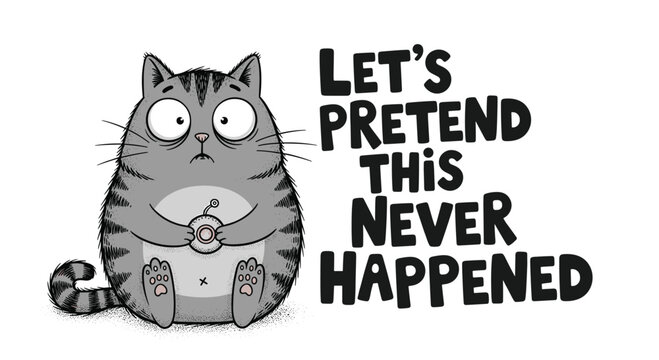 Humorous illustration of a shocked gray tabby cat with wide eyes and the funny quote lets pretend this never happened on a white background.