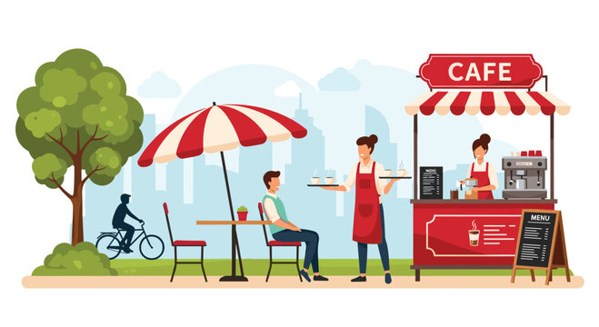 People enjoying leisure time at an outdoor sidewalk cafe with a waitress serving coffee under a sun umbrella in a city park.