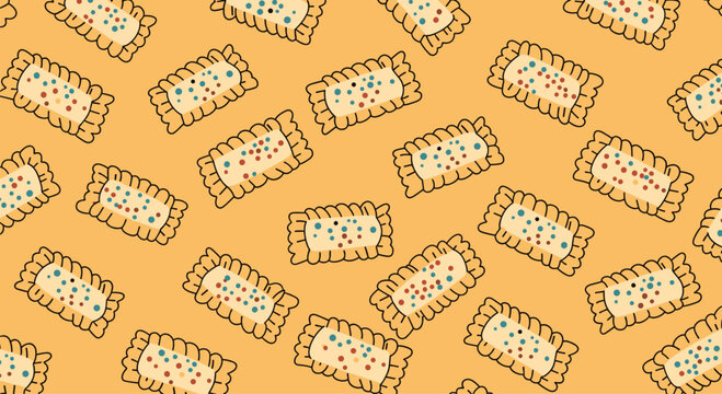 Repeating pattern of toasted pastries with white icing and colorful sprinkles scattered on a warm yellow background.
