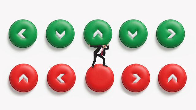 Businessman standing on red and green elevator buttons choosing direction. Concept of business navigation, user interface, career choice, app menu and decision path.