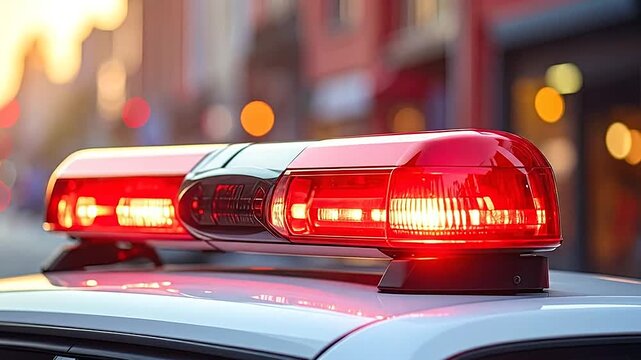 Flashing red emergency lights on a vehicle roof at dusk