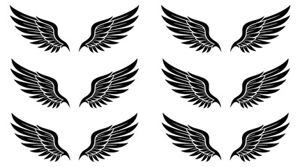 Fototapeta premium Wings icon set with bold black feathered outlines, symmetrical layout for tattoo, logo and apparel design