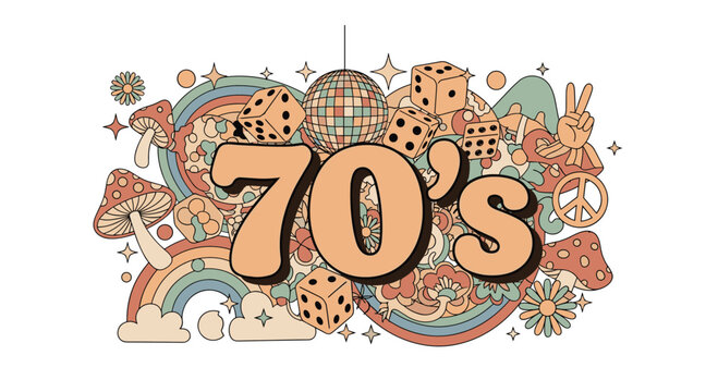 Vibrant 70s retro collage featuring disco ball mushrooms rainbow peace sign and dice in groovy vintage colors and style.