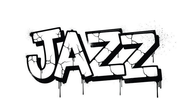 Urban graffiti style lettering of the word jazz with dripping black paint and cracked texture on a clean white background.