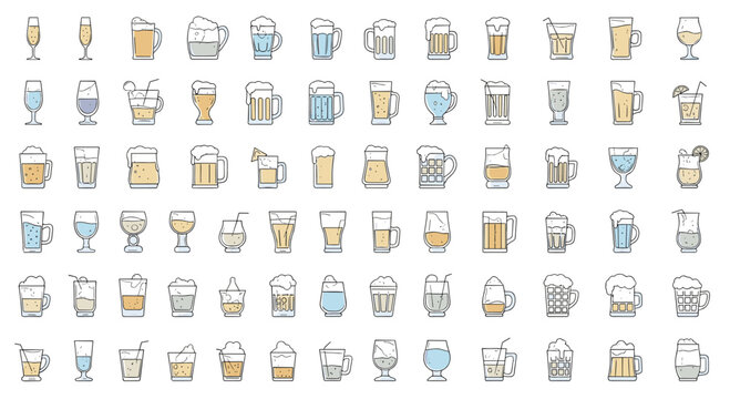Comprehensive collection of various beer glasses mugs and pint icons in different shapes and sizes for brewery and pub menu design.
