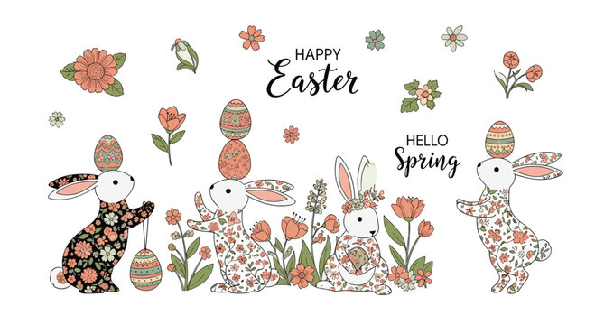 Charming easter themed composition with patterned bunnies spring flowers and decorated eggs with greetings hello spring and happy easter.