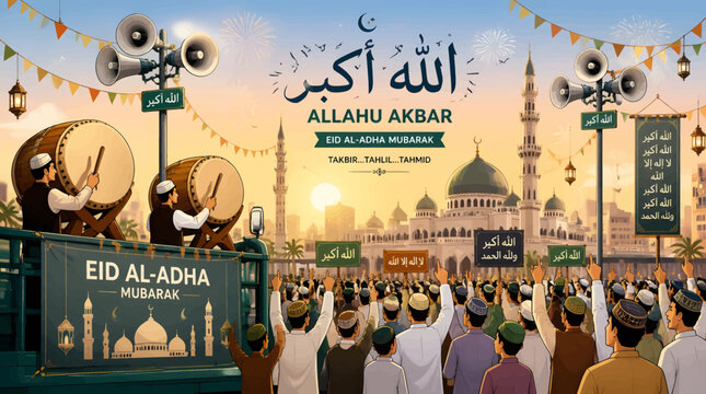 Eid al-Adha Mubarak illustration celebrating Islamic festival with joyous crowd, drums, and mosque in background with Arabic calligraphy