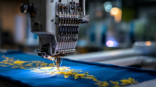 Industrial embroidery machine stitching yellow pattern on blue fabric