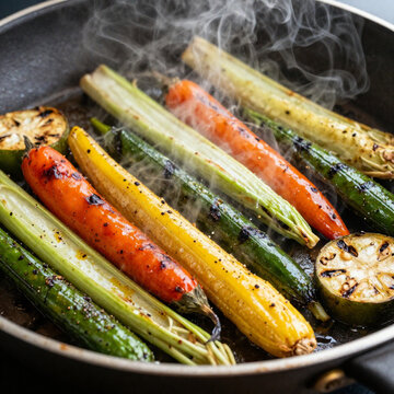 Fresh colorful baby vegetables being saut&eacute;ed in a hot pan with rising steam