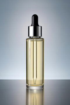 Luxury cosmetic dropper bottle mockup with yellow serum on reflective steel surface. Premium glass vial with chrome cap for beauty branding, essential oil and skincare packaging presentation.