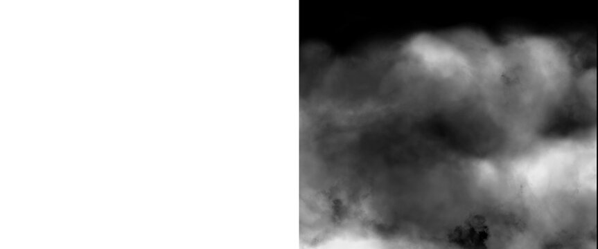 Dramatic black and white smoke texture, thick swirling steam on dark background, ethereal fog and mist clouds for creative overlays