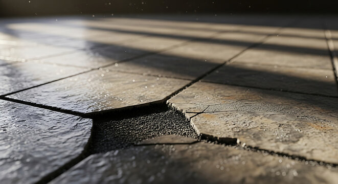 Professional shot of broken asbestos vinyl floor tiles with toxic dust particles in sunlight concept for remediation inspection abatement and health risk awareness