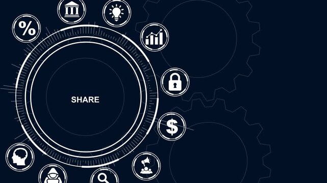 Digital Infographic with Share Icon and Business Icons on Dark Blue Background with Gears sharing social media