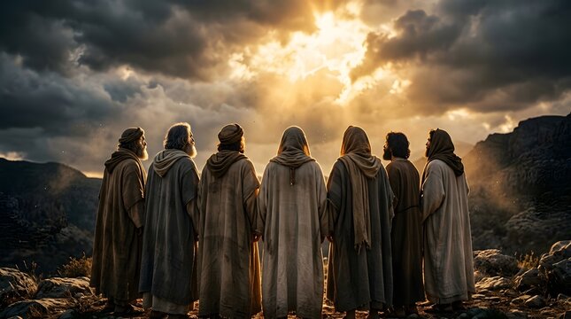 Rear view of a group of biblical disciples standing together on a rocky mountain, looking up at a dramatic sky with holy divine light breaking through storm clouds during sunset or sunrise.