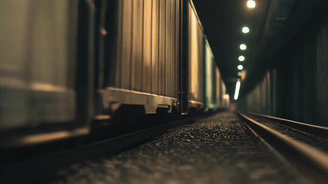 Freight train cars traveling along railroad tracks inside a dimly lit industrial tunnel, creating a perspective of deep transportation infrastructure with glowing lights
