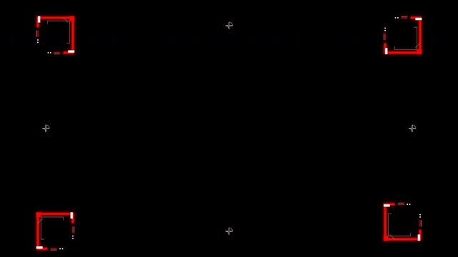 Minimalist digital interface frame with glowing red corner markers and thin geometric lines on a solid black motion background