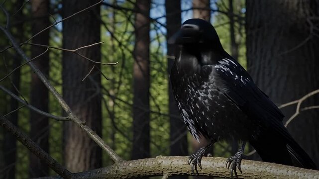 Black bird perched on tree branch in forest