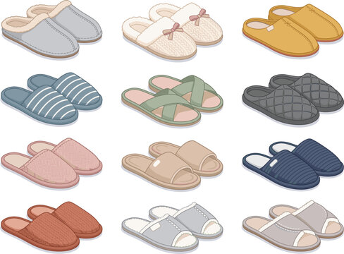 Cozy home slippers collection featuring soft comfortable indoor footwear isolated vector illustration set for casual lifestyle