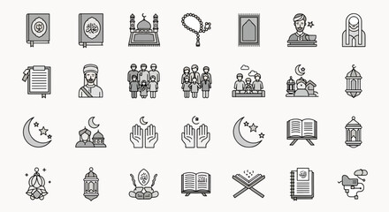 Fototapeta premium Islamic Icons Collection Set Ramadan Kareem and Eid Mubarak Religious Symbols and Mosque Architecture Elements