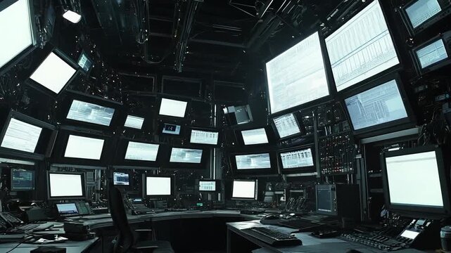 Control room with numerous monitors displaying complex data and information, creating an atmosphere of advanced security, surveillance, and technological operations in a dark, futuristic setting