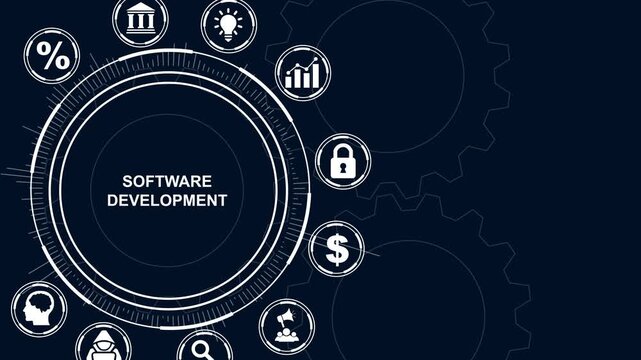 Digital Infographic with Software Development Icon and Business Icons on Dark Blue Background with Gears