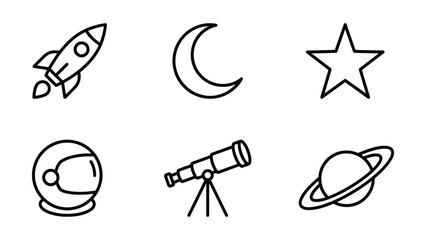 Group of six simple doodle style icons related to space exploration and astronomy with crescent moon, astronaut helmet © rumonpix