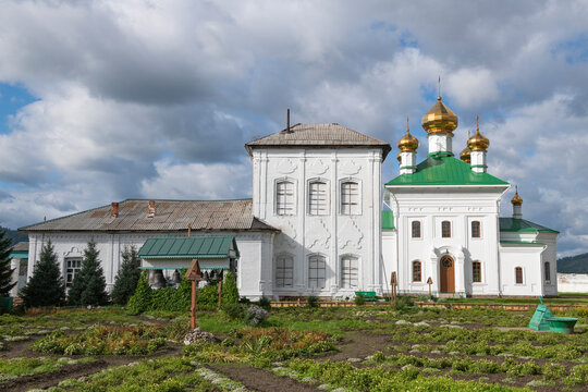 The cathedral of the Life-Giving Trinity and the church of St. Nicholas the Wonderworker in the Trinity Selenga monastery on a sunny September day. Troitskoye, Republic of Buryatia