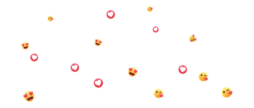 Floating social media love reaction emojis and red heart icons for streaming or live chat engagement background with variety of happy faces and romantic symbols for digital content