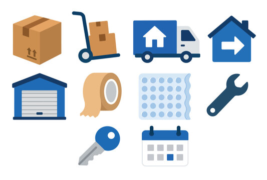 Moving house delivery icons set.