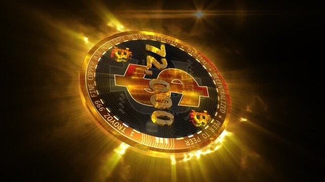 A glowing virtual Bitcoin coin displaying market value floats within fiery energy waves, symbolizing cryptocurrency growth, digital finance, blockchain technology, and the volatile dynamics of modern 