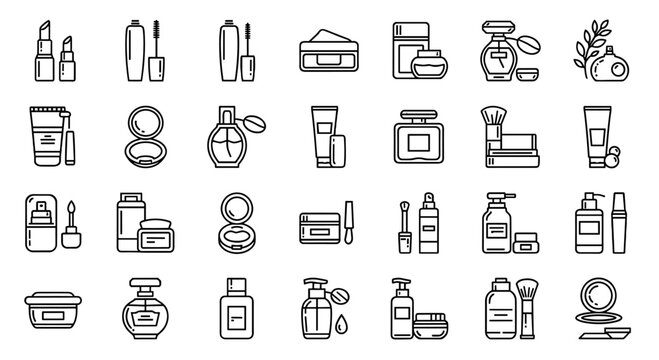 Collection of beauty cosmetics and makeup icons vector set simple outline drawings on a white background