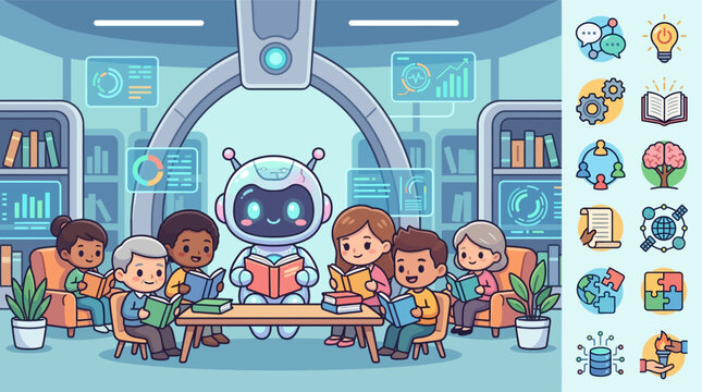 Cute chibi robot teaching a diverse group of children and elderly people in a futuristic digital library classroom with holographic data displays and educational vector icons.