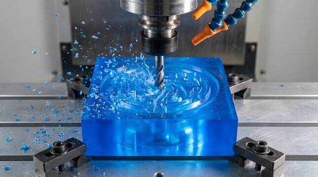 Industrial milling machine cutting a blue plastic block with a metal drill bit creating flying debris in a high precision workshop for modern manufacturing parts production