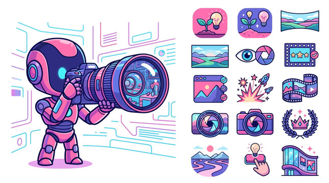 Vector illustration of a small pink and blue robot holding a professional DSLR camera with icons for photography, video editing, landscape, and creative lightbulb ideas.