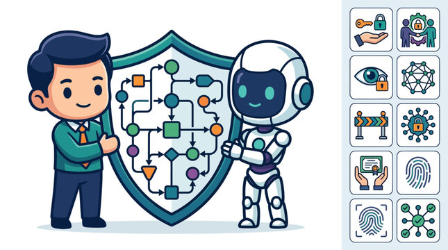 Vector illustration of a chibi businessman and a robot holding a protective shield with a technical flowchart, featuring icons for data protection, AI safety, and cybersecurity.
