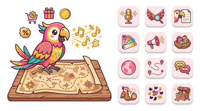 Cute chibi parrot standing on a treasure map with e-commerce icons like shopping cart, gift box, treasure chest, megaphone, and globe in a flat vector illustration style.
