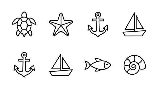 Nautical icons set: turtle starfish anchor sailboat fish seashell with line art nautical starfish sailboat seashell