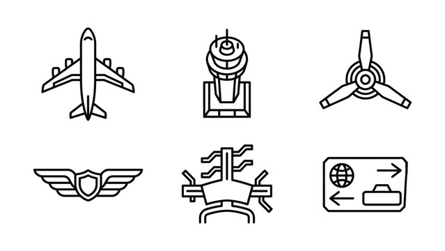 Set of aviation icons with airplane control tower propeller wings emblem drone boarding pass check in navigation syst