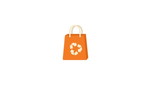 Animated Orange Shopping Paper Bag Icon Appearing With A Growing White Recycling Symbol Logo On It For Sustainable Retail Commercials And Eco Friendly E-commerce
