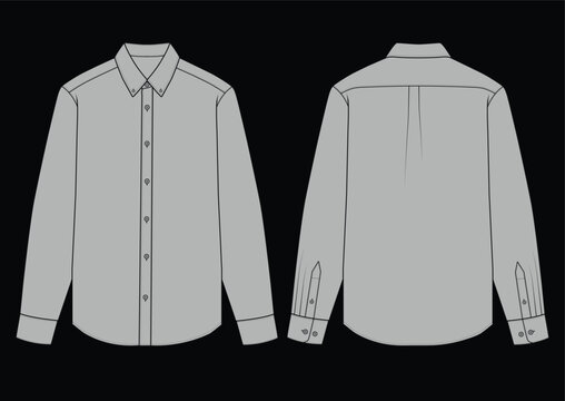 Front and back view of a gray long sleeve collared shirt with button